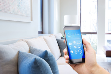 Poster - smart phone with smart home with modern living room