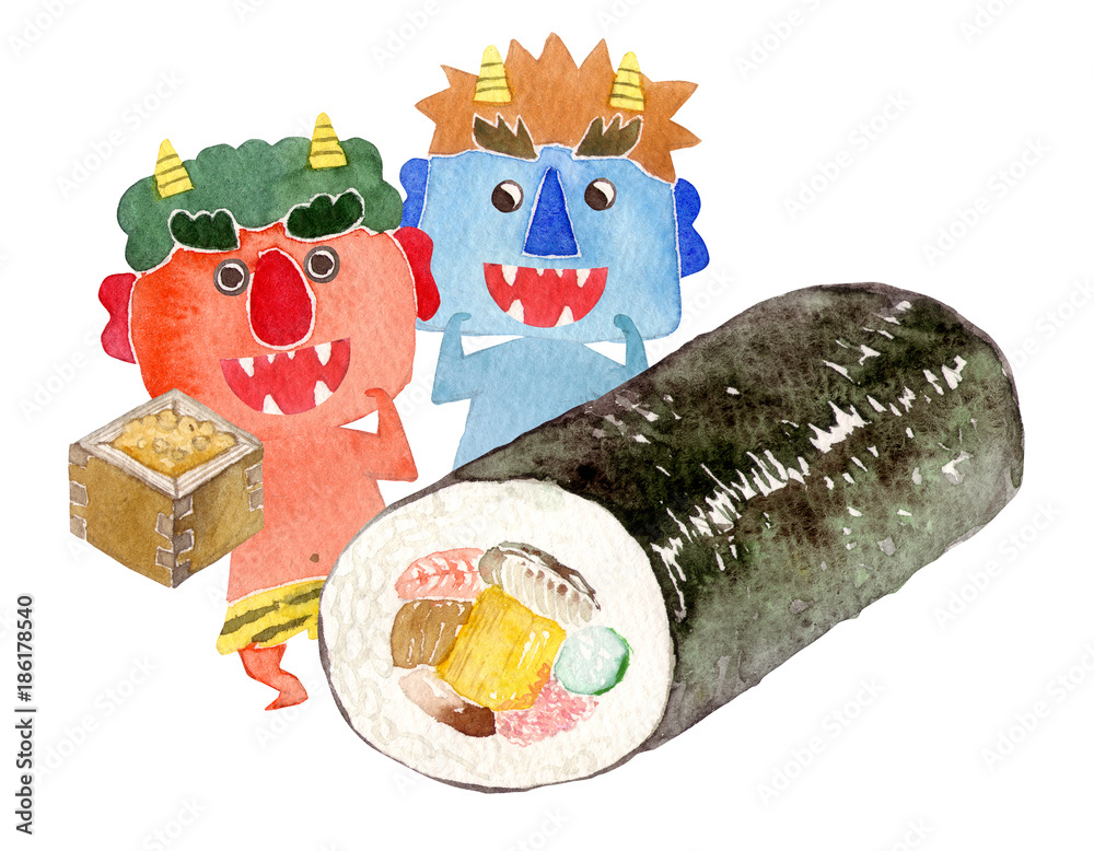 節分 恵方巻 豆まき 鬼 水彩 イラスト の Stock イラスト | Adobe Stock