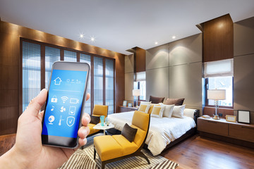 Wall Mural - smart phone with smart home with modern bedroom