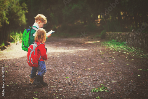 Fotografía little boy and girl travel hiking in nature looking at map
