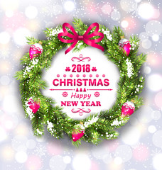 Poster - Christmas Wreath with Wishes for Happy New Year 2018. Congratulation Card Template