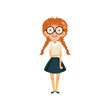 Shy schoolgirl with happy face expression. Nerd girl with dental braces on teeth and hairpins in hair in blouse and skirt. Cartoon flat vector character