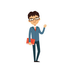 Sticker - Intelligent teacher or student holding book and waving by hand. Cartoon nerd character in glasses and elegant blue suit with red tie. Flat vector design