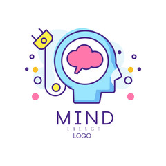 Wall Mural - Silhouette of abstract human head with cable plug. Creative mind or generator of ideas. Brain energy sign in outline style. Original vector design for logo or mobile app