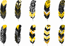 Ten Black Feathers Decorated With A Mixture Of Black, White, And Gold Leopard Spots, Stripes, And Dots.