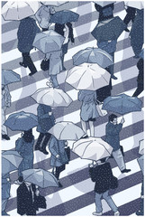  Illustration of city people crossing zebra in snow with umbrellas from high angle view in color