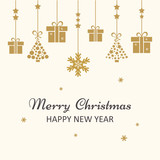 Fototapeta  - Christmas greeting card. Golden Christmas toys hanging. Vector illustration