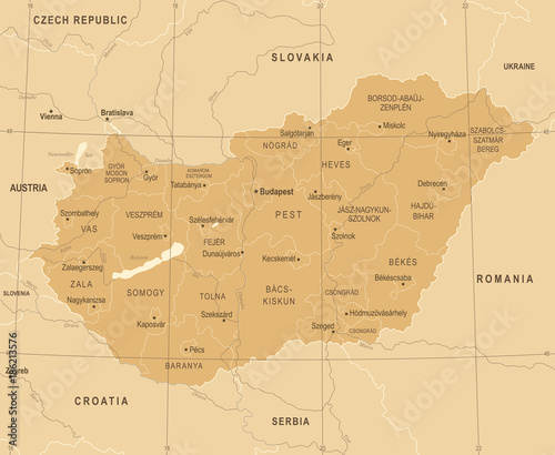Fotografía Hungary Map - Vintage Detailed Vector Illustration