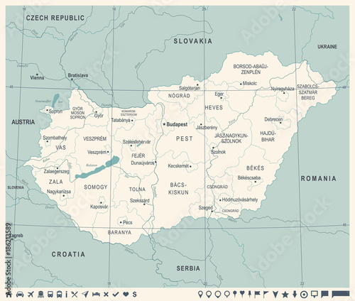Cuadros en Lienzo Hungary Map - Vintage Detailed Vector Illustration