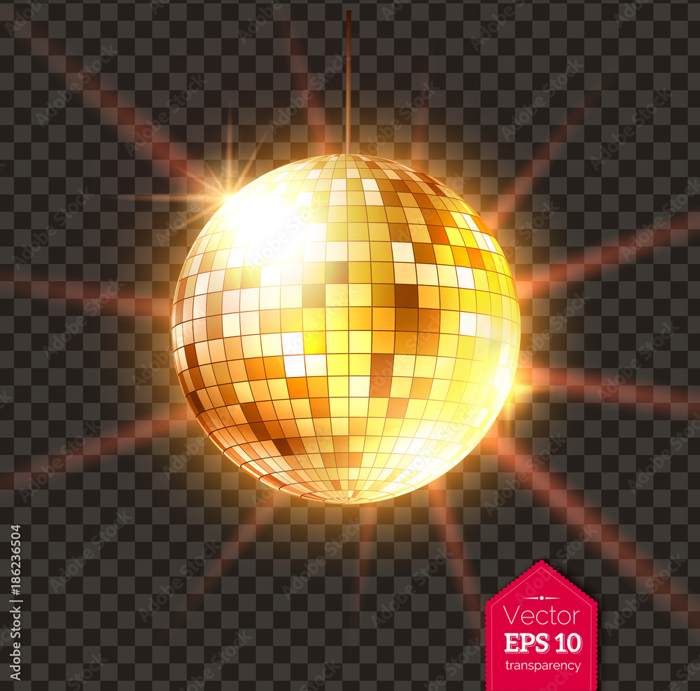 Golden Disco ball with light rays - obrazy, fototapety, plakaty 