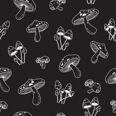 mushroom Seamless Pattern vector doodle wallpaper background isolated black