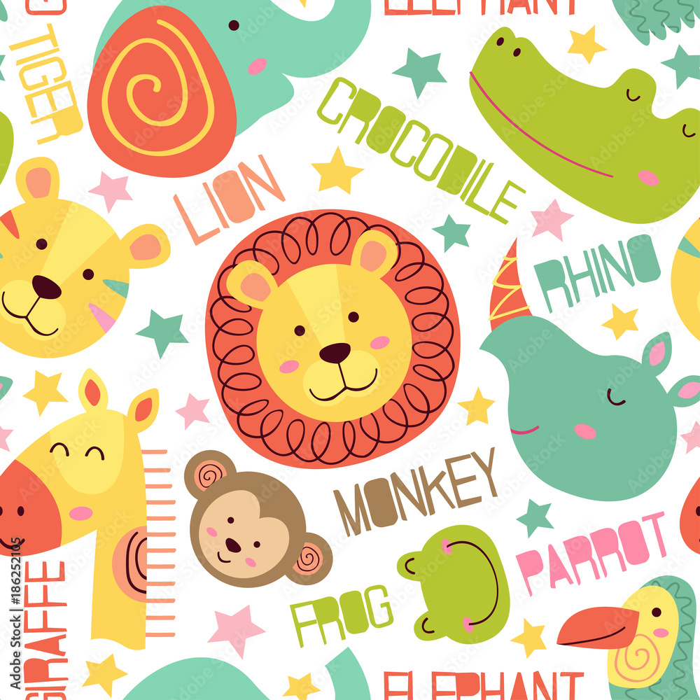 seamless pattern with heads of jungle animals - vector illustration ...