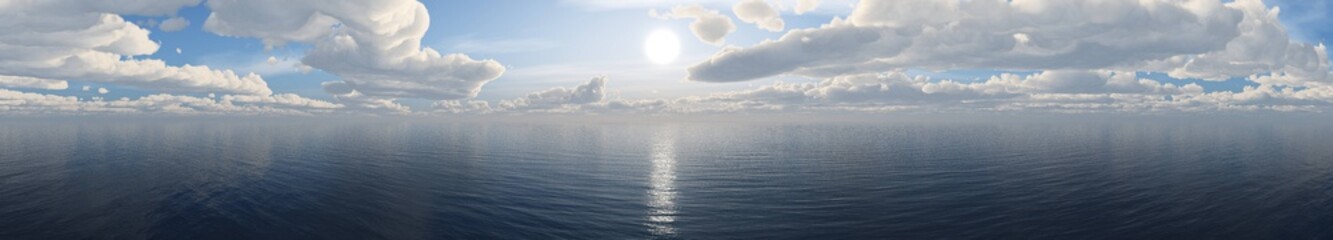 panorama of the sea sunset. the sun over the water under the sky with clouds. banner.