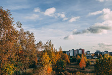 Autumn View Of Residential Area With High-rise Buildings In Vilnius, Pilaite. BLue Sky With Soft Clouds