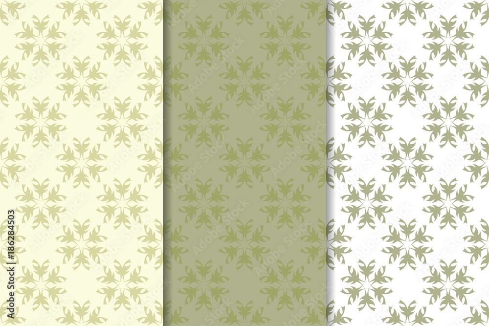 Olive green floral designs. Set of seamless patterns - obrazy, fototapety, plakaty 