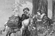 © acrogame - Vintage engraving ,Spanish  lady buys a fresh flower bouquet from an itinerant flower seller with donkey mount and basket.