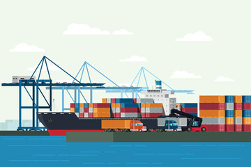 Wall Mural - Cargo logistics truck and transportation container ship with working crane import export transport industry in shipping yard. illustration vector