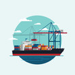 ©  Lerbank-bbk22 - Cargo logistics being loaded container ship with working crane import export transport industry. icon Vector illustration.