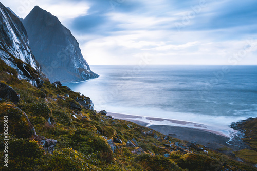 Kvalvika Beach With Mountain In Lofoten Norway Buy This