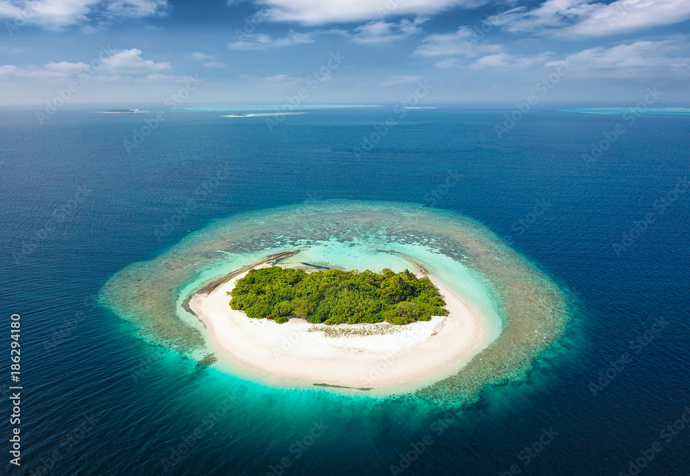 Unbewohnte, tropische Insel mit Korallenriff und Sandstrand auf den Malediven - obrazy, fototapety, plakaty 