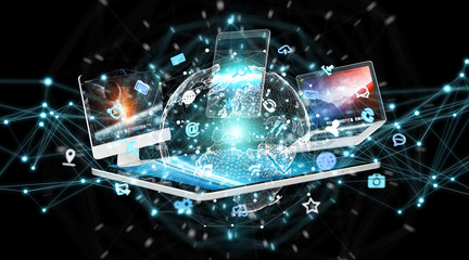 Modern digital devices connected to each other 3D rendering