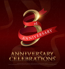 3rd year anniversary celebration golden logo with red ribbon on red background. vector illustrator