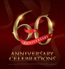 60th years anniversary celebration golden logo with red ribbon on red background. vector illustrator