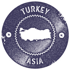 Wall Mural - Turkey map vintage stamp. Retro style handmade label, badge or element for travel souvenirs. Deep purple rubber stamp with country map silhouette. Vector illustration.