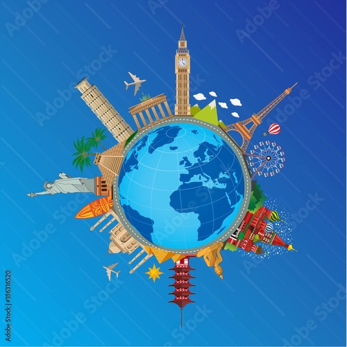 Fotografie, Tablou Around the world travel tourism and exploring countries and cities