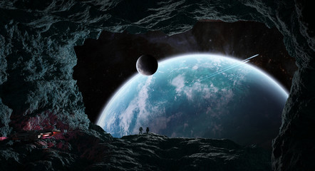 Poster - Astronauts exploring a cave in asteroid 3D rendering elements of this image furnished by NASA