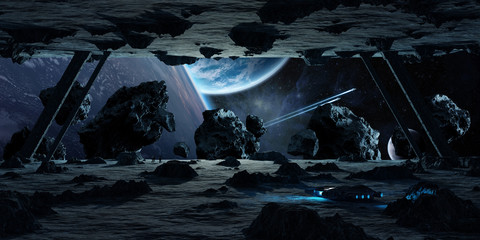 Wall Mural - astronauts exploring an asteroid spaceship 3d rendering elements of this image furnished by nasa