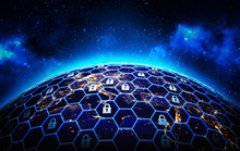 Global Network Security And Data Protection Concept, A Grid Of Cells With A Lock Symbol In Some Of Them  Around The Earth Globe On Deep Blue Space Background