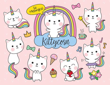 Fototapete - Cute white cat unicorn with rainbow horn and tail set including cute elements such as flower, ice-cream, cupcake, etc.