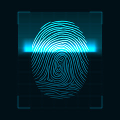 Poster - Fingerprint scanning concept. Digital biometric security system and data protection. Personal authorization screen. Vector illustration isolated on dark background