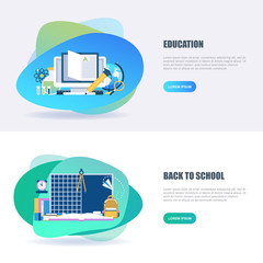 Poster - Flat concept web banner of online education, video tutorials, staff training, learning, knowledge, back to school, study. Conceptual vector illustration for web design, marketing, and graphic design.