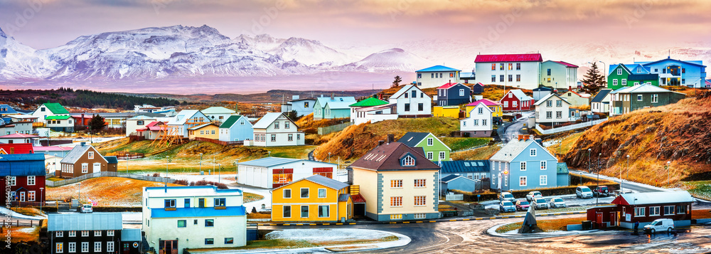 Stykkisholmur colorful icelandic houses. Stykkisholmur is a town situated in the western part of Iceland, in the northern part of the Saefellsnes peninsula - obrazy, fototapety, plakaty 