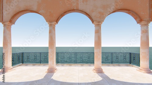 Obraz kolumny  3d-render-widok-na-morze-rzymski-styl-luku-klasyczny-balkon