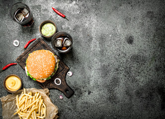 Burger from fresh beef with cola and fries.