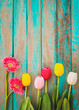© jakkapan - Colorful flowers on vintage wooden background, top view and border design. vintage color tone - flower of spring or summer background