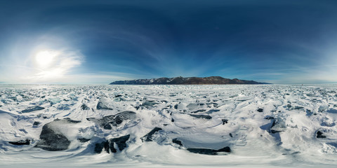 Wall Mural - blue hummocks of ice Baikal at sunset at Olkhon. Spherical vr 360 180 degrees panorama