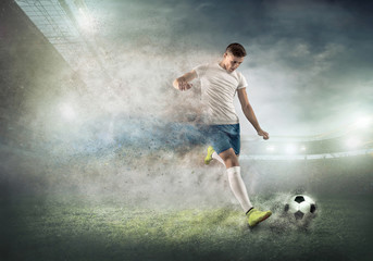 Sticker - Soccer player on a football field in dynamic action at summer da