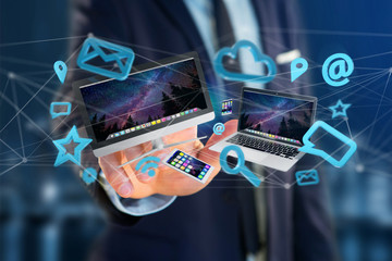 Poster - Devices like smartphone, tablet or computer flying over connection network and app- 3d render
