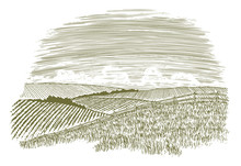 Woodcut Illustration Of A Rural Countryside Scene With Fields Of Crops In The Background.