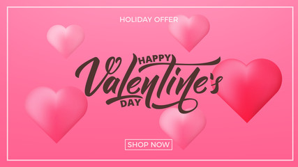 Valentines Day. Banner for Valentine's Day. Valentines background with script lettering and glossy hearts