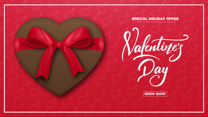 Valentines Day. Valentines background with script lettering, chocolate present and realistic silk gift bow. Valentine's Day banner.