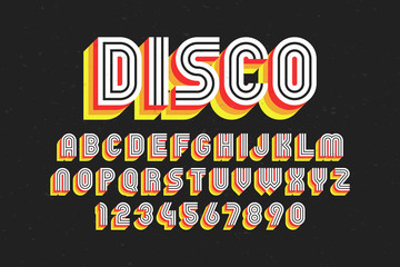 80's retro font, disco style, alphabet and numbers