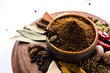 Colourful spices for Garam Masala. Food ingredients for garam masala, indian spice mix with Powder. Selective focus