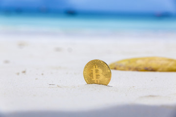 Golden Bitcoins on a white beach sand and a little crab. Concept mining bitcoin to get living in paradise