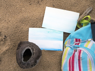 Wall Mural - Beach, coconut, backpack, watercolor pictures