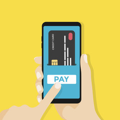 Wall Mural - Payment page and credit card on smartphone screen with pay button. Hand holds the smartphone. vector